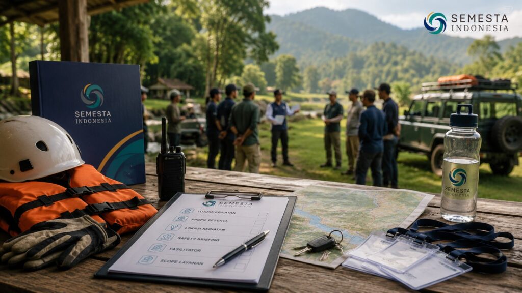 Meja persiapan program outbound, rafting, dan offroad berisi checklist proposal, peta rute, helm, life jacket, radio komunikasi, dan perlengkapan outdoor.