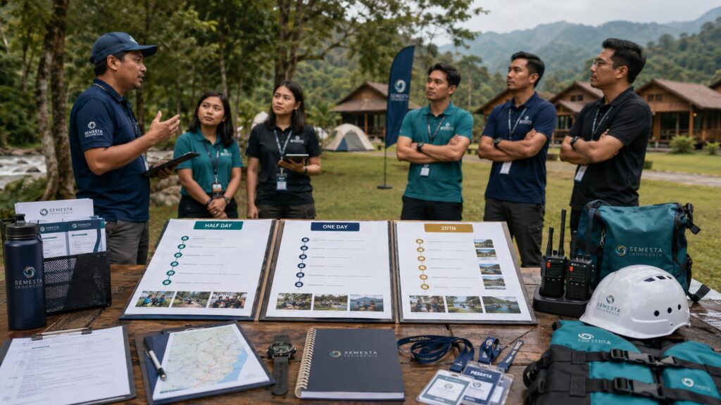 durasi outbound perusahaan dengan pilihan program Half Day, One Day, dan 2D1N di area outdoor corporate