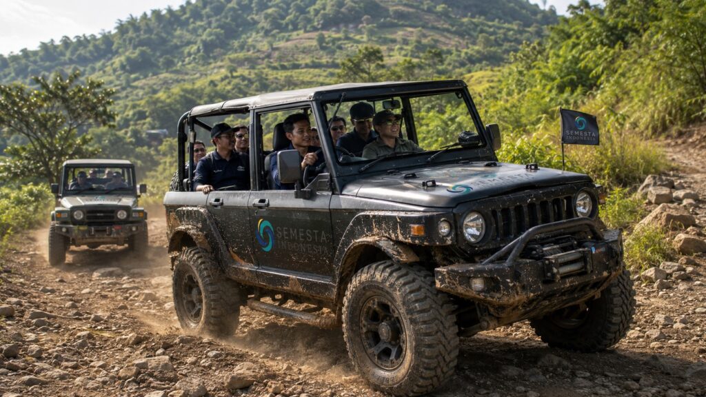 jeep offroad corporate outing di jalur offroad Sentul dengan branding Semesta Indonesia