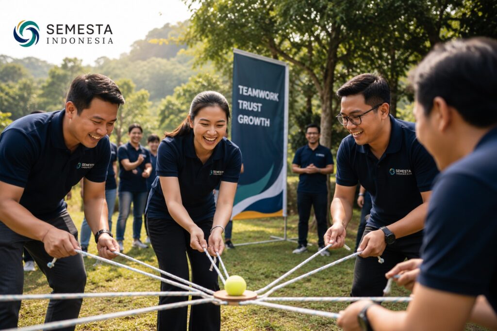 Peserta corporate gathering mengikuti aktivitas outbound teamwork di area outdoor dengan branding Semesta Indonesia yang tampil halus.
