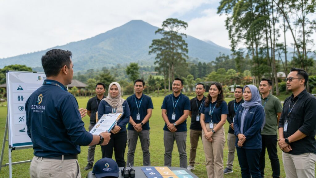 outbound perusahaan Puncak dengan fasilitator memberi safety briefing sebelum aktivitas dimulai
