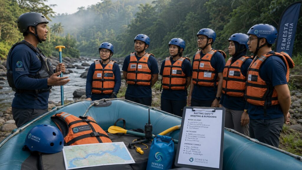 panduan keselamatan rafting rombongan perusahaan dengan guide memberi safety briefing di tepi Sungai Cisadane