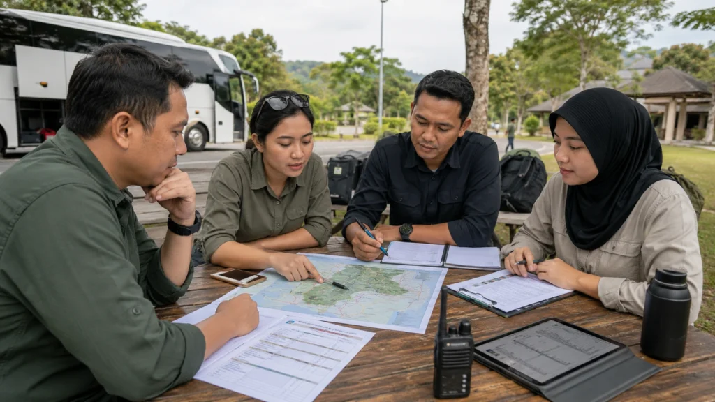 Tim membaca rute, akses, cuaca, dan profil peserta sebelum program lapangan berjalan.