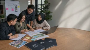 Tim panitia membaca checklist scope, rundown, dan proposal program only event sebelum menyusun kebutuhan acara.