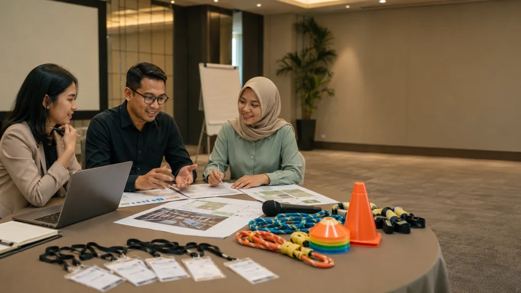 Tim perusahaan sedang membahas brief layanan event perusahaan untuk gathering, MICE, dan outbound di meja perencanaan acara.