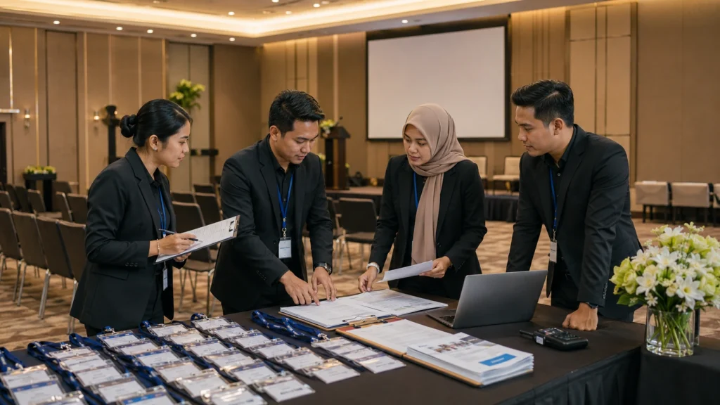 Koordinasi event BUMN dan forum institusional dengan dokumen, registrasi peserta, PIC lapangan, dan kebutuhan hospitality.