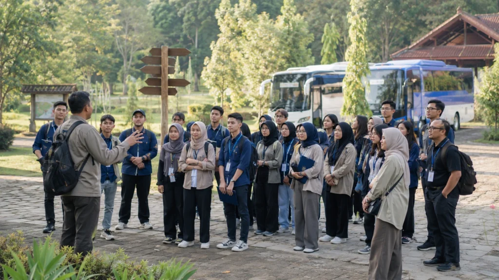 Rombongan sekolah dan kampus mengikuti briefing program outbound dan educational trip di lokasi outdoor edukatif.