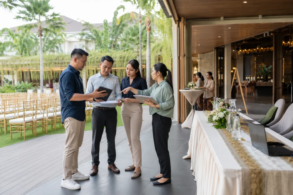 Tim event dan destination management membaca area hotel resort untuk kolaborasi event venue, gathering, dan program perusahaan.