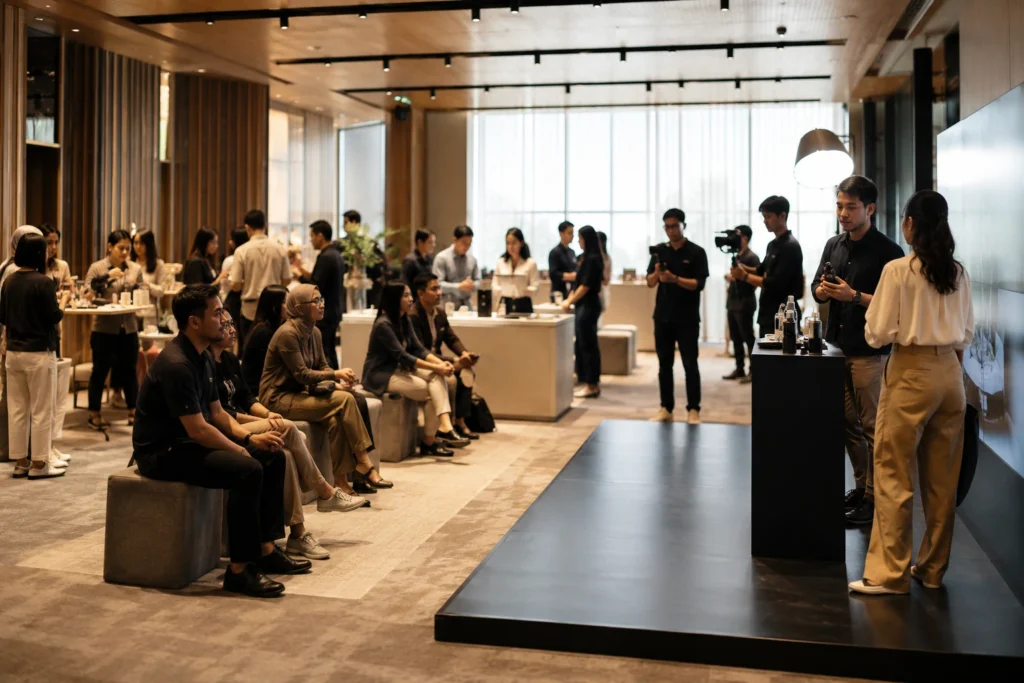 Suasana event brand experience dengan peserta berinteraksi dalam launching dan community engagement yang dikelola secara profesional.