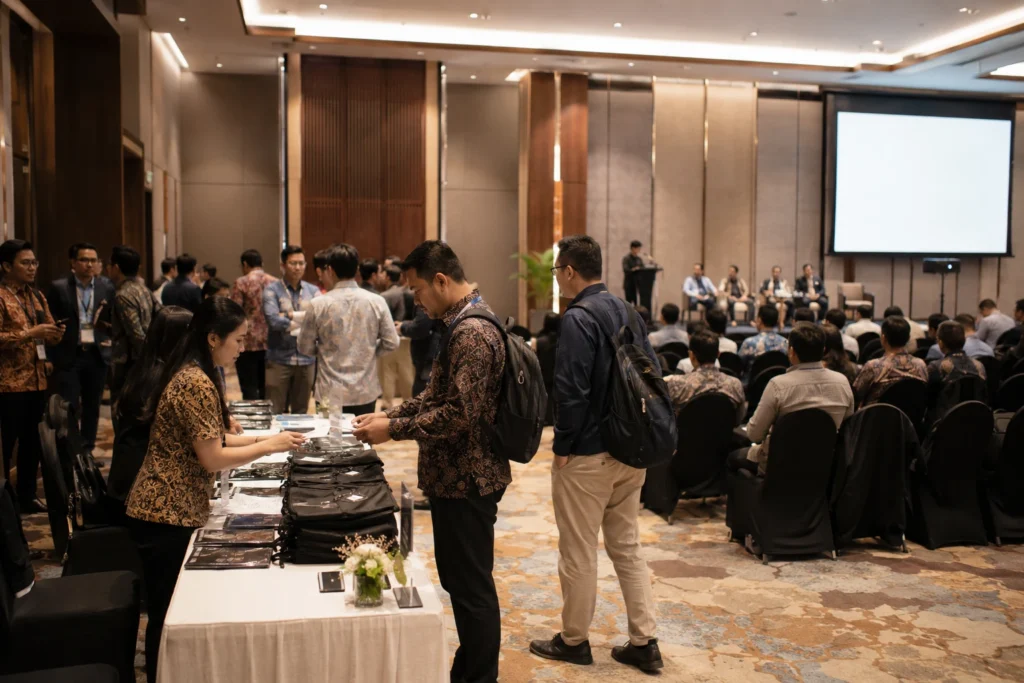 Peserta forum asosiasi melakukan registrasi sebelum seminar dengan dukungan MICE Support dan alur acara yang tertata.