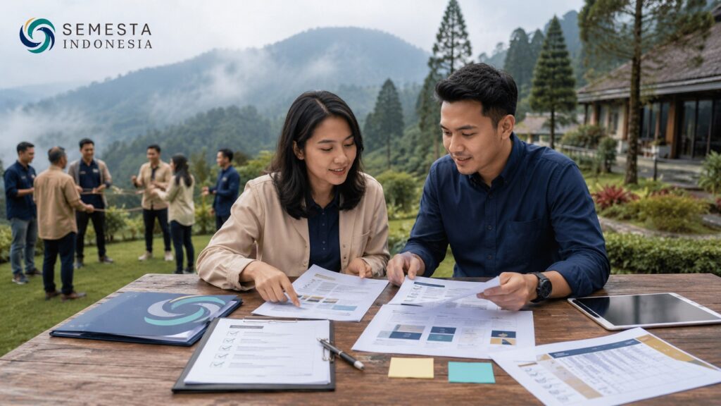 HR dan koordinator event perusahaan sedang meninjau brief acara di meja outdoor resort pegunungan Puncak dengan aktivitas team-building karyawan di latar belakang.