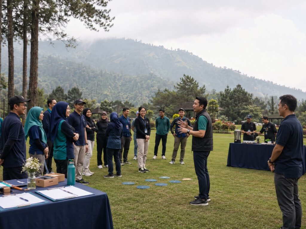 Tim perusahaan mengikuti program gathering outdoor di kawasan Puncak Bogor dengan suasana profesional, aktivitas ringan, dan koordinasi acara Semesta Indonesia.