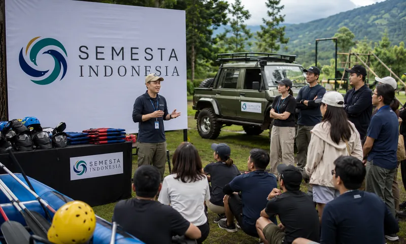 Briefing corporate adventure outing di Puncak bersama Semesta Indonesia dengan perlengkapan rafting, paintball, dan jeep offroad.