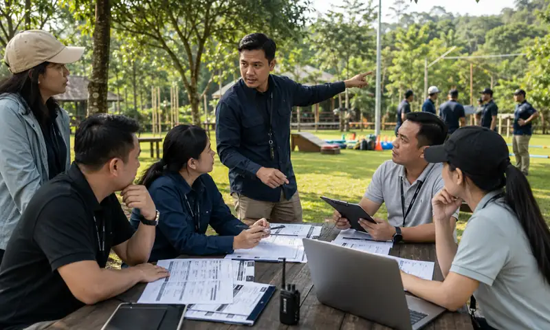 Tim HR dan GA berkoordinasi dengan fasilitator untuk persiapan outbound perusahaan di Bogor.