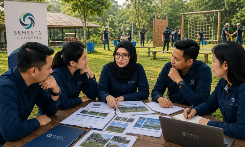 Tim perusahaan membahas pilihan paket outbound bersama fasilitator Semesta Indonesia di venue outdoor Bogor.