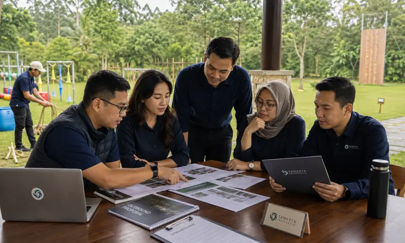 Tim HR dan procurement membahas proposal outbound Bogor bersama Semesta Indonesia di venue outdoor.