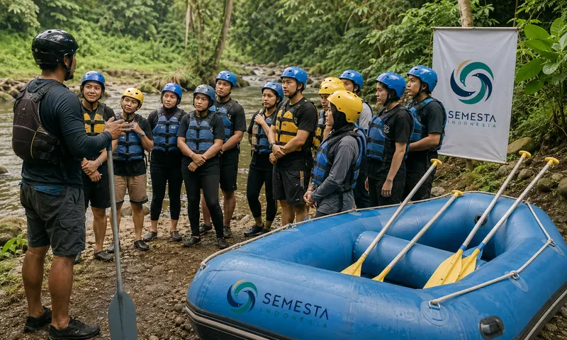 Safety briefing rafting Puncak bersama Semesta Indonesia sebelum kegiatan corporate outing.