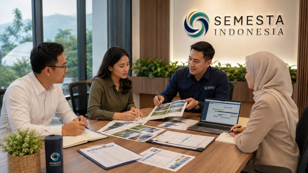 Tim HR, General Affairs, dan procurement berdiskusi dengan Semesta Indonesia untuk merencanakan corporate gathering perusahaan secara profesional.