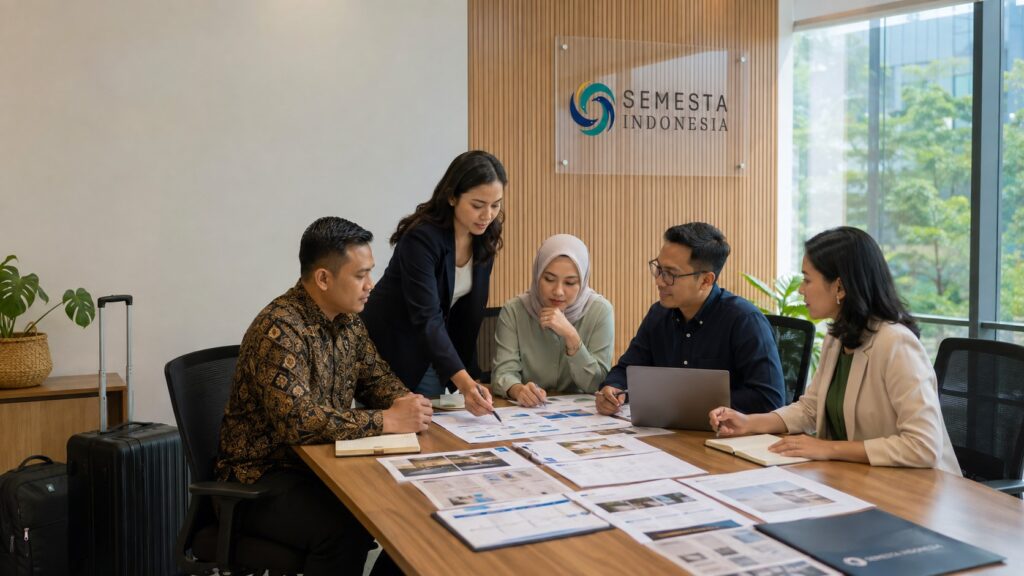 Tim HR, General Affairs, procurement, dan event organizer Semesta Indonesia membahas perencanaan corporate gathering perusahaan.