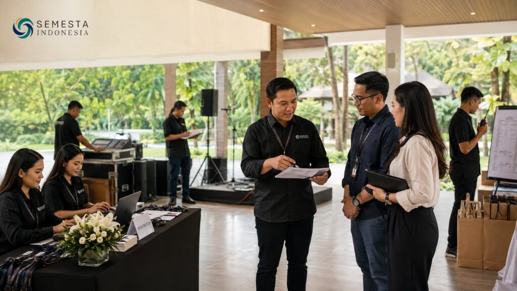 Tim event organizer mengoordinasikan corporate event di Bogor bersama perwakilan perusahaan.
