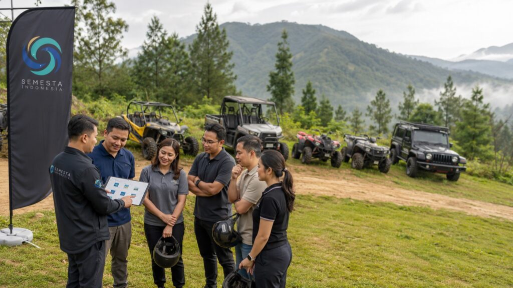 Peserta perusahaan berkonsultasi tentang buggy car dan pilihan kendaraan adventure di Puncak Bogor bersama fasilitator Semesta Indonesia.