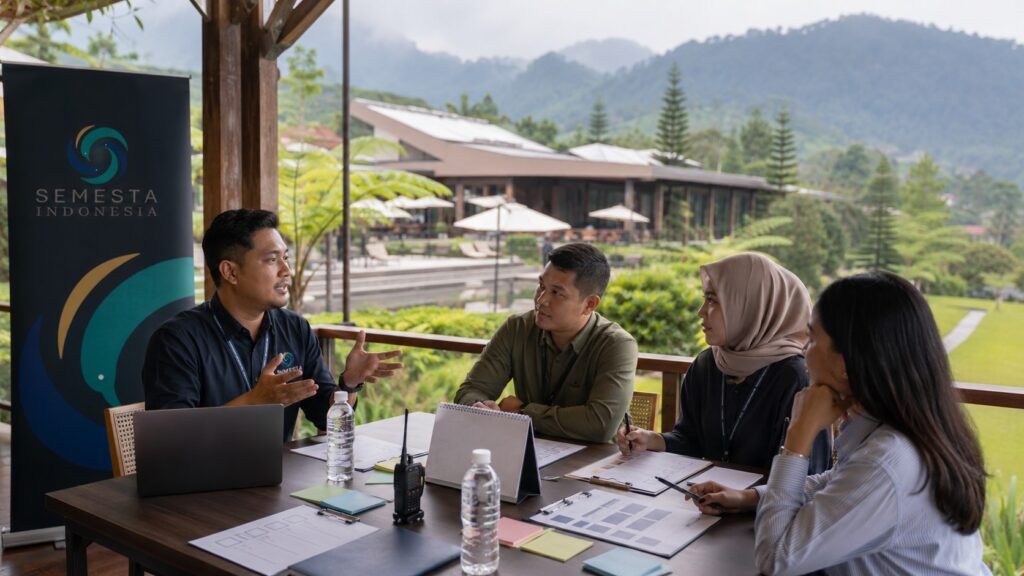 Tim HR, GA, dan fasilitator Semesta Indonesia menyiapkan checklist brief gathering di venue Puncak Bogor sebelum meminta proposal.
