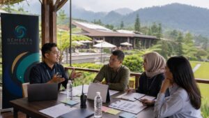 Tim HR, GA, dan fasilitator Semesta Indonesia menyiapkan checklist brief gathering di venue Puncak Bogor sebelum meminta proposal.