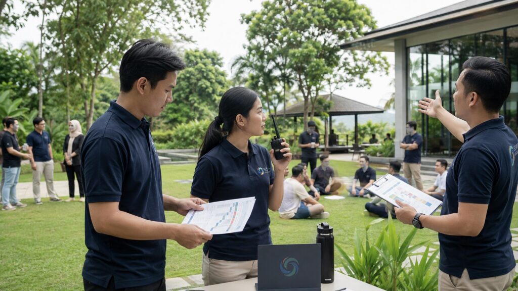 Tim Semesta Indonesia mengoordinasikan company outing perusahaan di area outdoor bersama karyawan dalam suasana santai dan terorganisir.