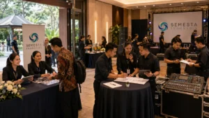 Tim event organizer mengoordinasikan corporate event Jakarta-Bogor dengan registrasi, vendor, hospitality, teknis acara, dan operasional venue yang tertib.