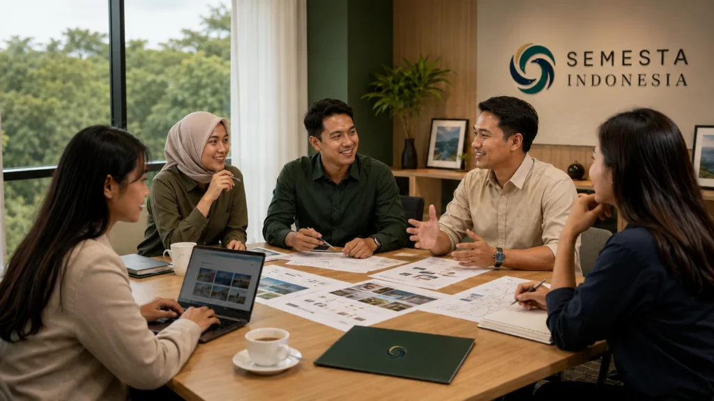 Tim HR, General Affairs, dan procurement berdiskusi dengan Semesta Indonesia untuk merencanakan corporate gathering perusahaan.