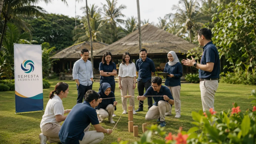 Karyawan perusahaan mengikuti aktivitas team building outdoor yang dipandu event coordinator Semesta Indonesia di resort hijau Indonesia.