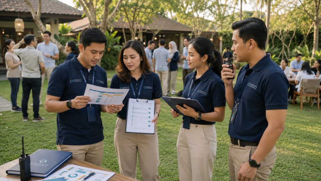 Tim HR, GA, dan event planner Semesta Indonesia mengatur employee gathering perusahaan di area outdoor bersama para karyawan.
