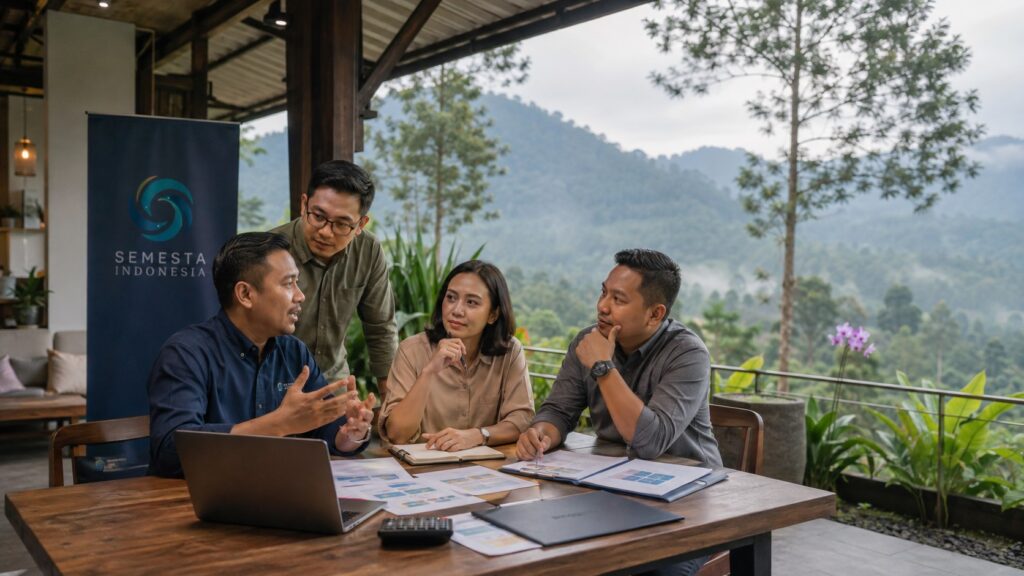 Tim HR, GA, procurement, dan fasilitator Semesta Indonesia membahas komponen biaya gathering di area resort Puncak Bogor.