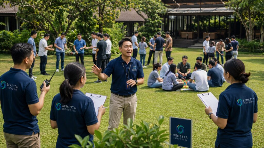Fasilitator Semesta Indonesia mengarahkan team building perusahaan di area outdoor bersama peserta karyawan dan panitia HR/GA.