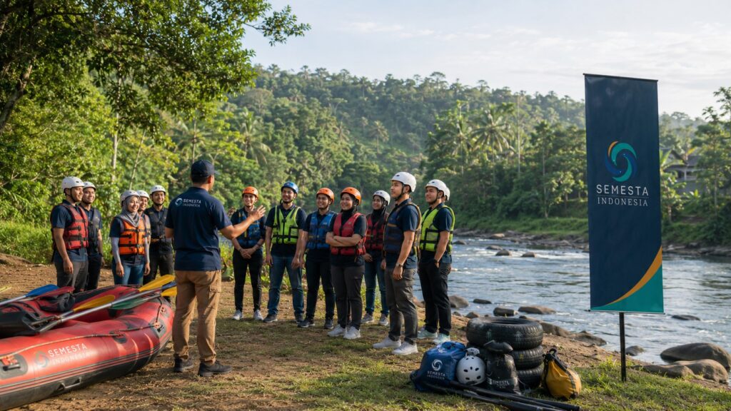 Peserta perusahaan mengikuti safety briefing adventure dan rafting di tepi Sungai Cisadane bersama fasilitator Semesta Indonesia.