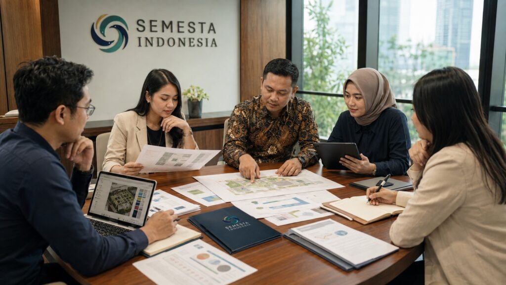 Tim HR, GA, procurement, dan event planner membahas paket corporate gathering perusahaan bersama Semesta Indonesia di ruang meeting.
