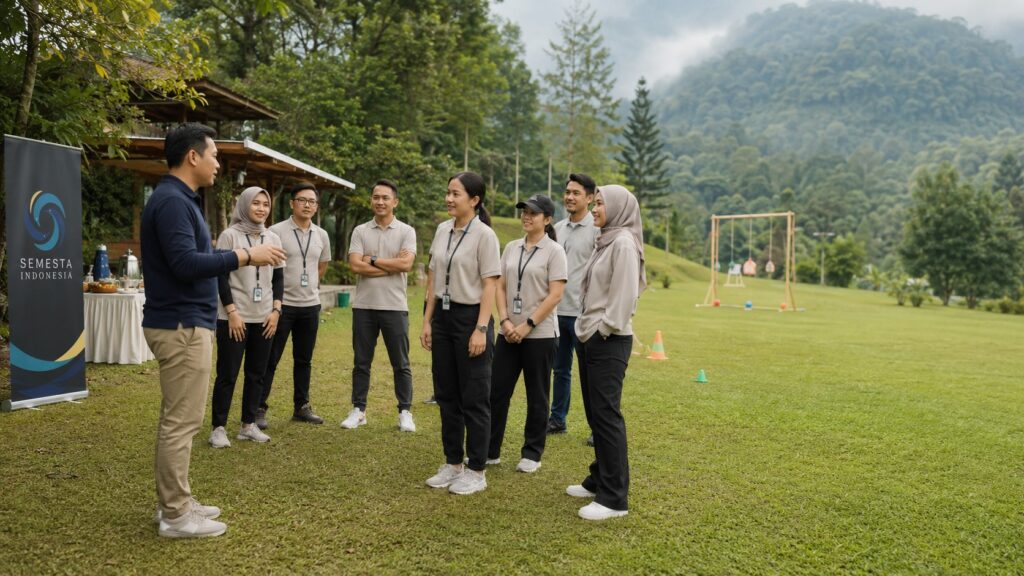 Karyawan perusahaan mengikuti briefing gathering 1 hari di Puncak Bogor bersama fasilitator Semesta Indonesia sebelum kegiatan dimulai.