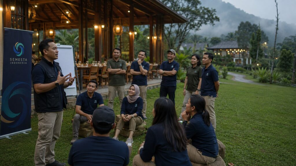 Peserta perusahaan mengikuti pengarahan gathering 2D1N di resort Puncak Bogor bersama fasilitator Semesta Indonesia menjelang sesi malam.