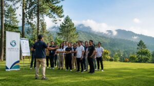 Tim Semesta Indonesia memandu gathering perusahaan di Puncak Bogor dengan latar pegunungan, area hijau, dan peserta karyawan.