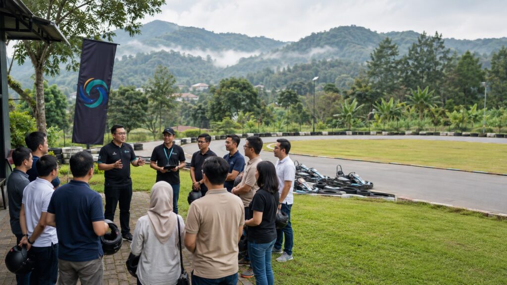 Peserta perusahaan mengikuti briefing aktivitas gocart di Puncak bersama fasilitator Semesta Indonesia sebelum memasuki area lintasan.