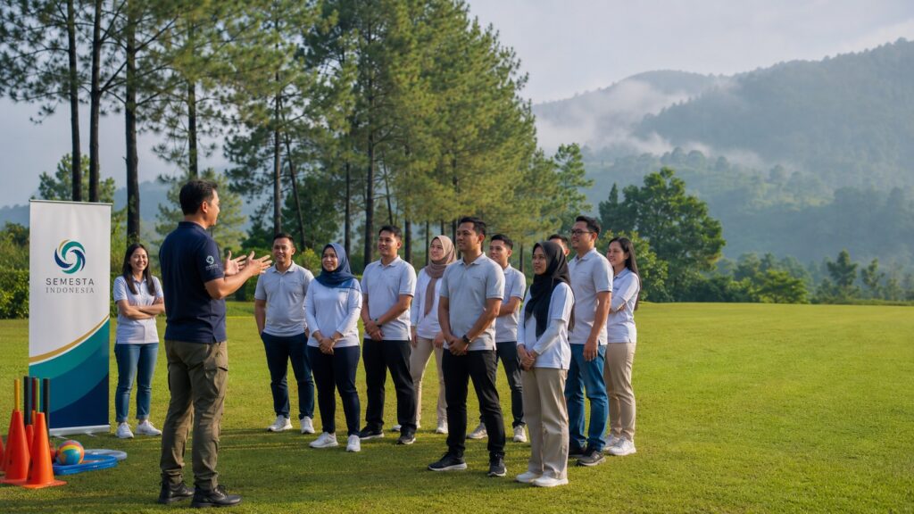 Fasilitator Semesta Indonesia memberikan safety briefing kepada peserta outbound perusahaan di area Puncak Bogor.