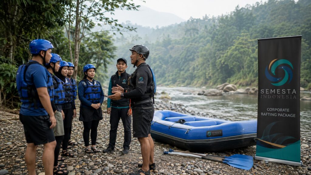 Peserta perusahaan mengikuti safety briefing rafting bersama guide Semesta Indonesia di tepi sungai kawasan Bogor.
