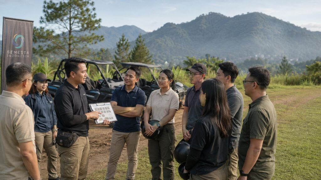 Peserta perusahaan berkonsultasi tentang opsi aktivitas UTV di Puncak Bogor bersama fasilitator Semesta Indonesia dengan kendaraan side-by-side di area outdoor.