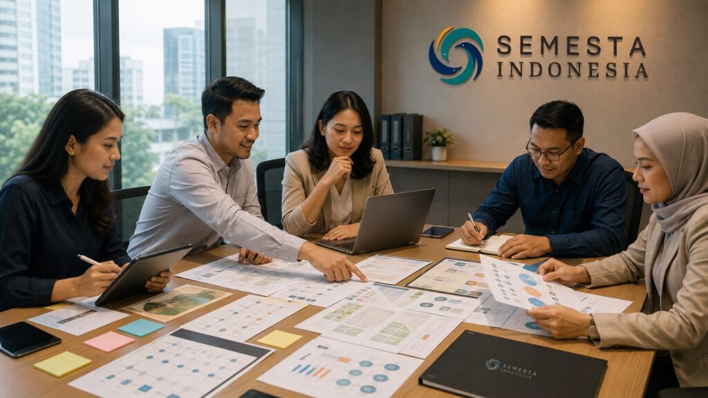 Tim HR, GA, procurement, dan event planner menyusun proposal corporate gathering perusahaan di ruang meeting modern bersama Semesta Indonesia.