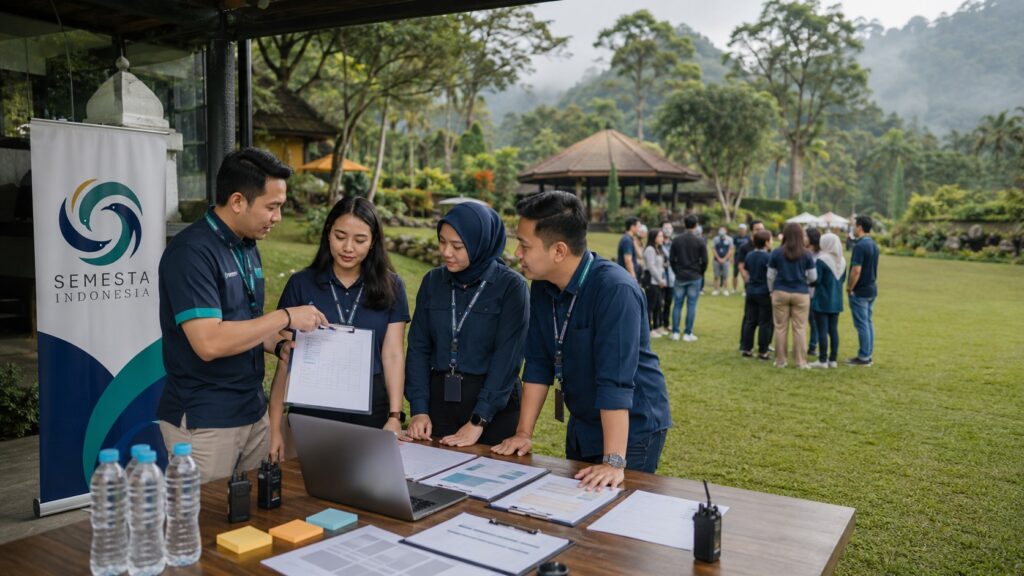 Tim HR, GA, PIC lapangan, dan fasilitator Semesta Indonesia menyusun rundown gathering di venue outdoor Puncak Bogor.