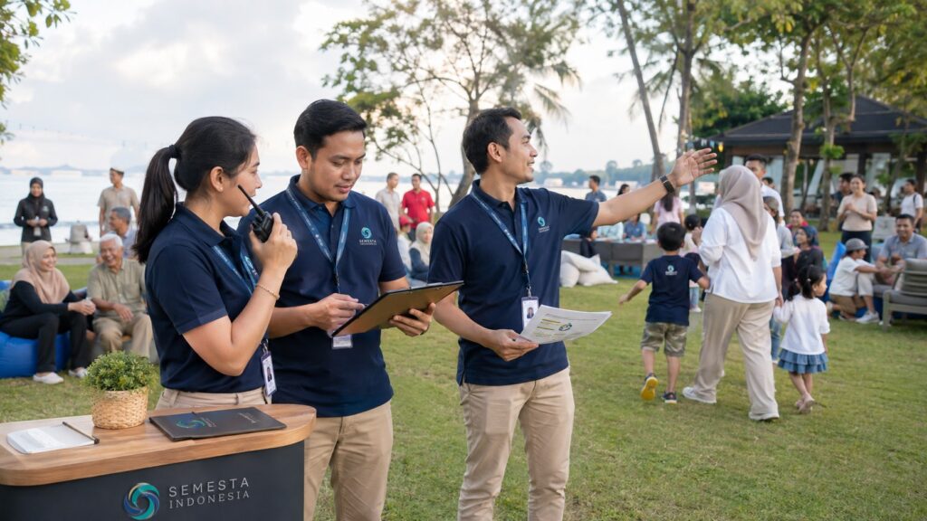 Tim Semesta Indonesia mengoordinasikan family gathering perusahaan bersama karyawan, keluarga, anak-anak, dan peserta senior di area outdoor.