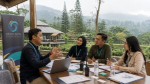 Tim HR, GA, procurement, dan fasilitator Semesta Indonesia berdiskusi tentang kebutuhan gathering di venue Puncak Bogor.