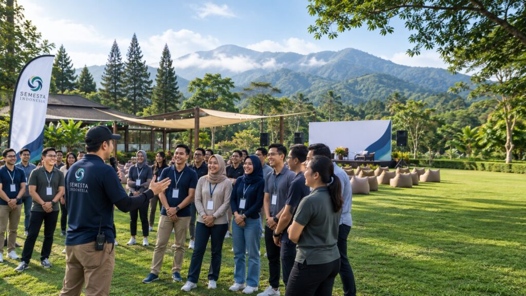 Karyawan perusahaan mengikuti employee gathering di Puncak Bogor bersama fasilitator Semesta Indonesia dalam suasana outdoor pegunungan.