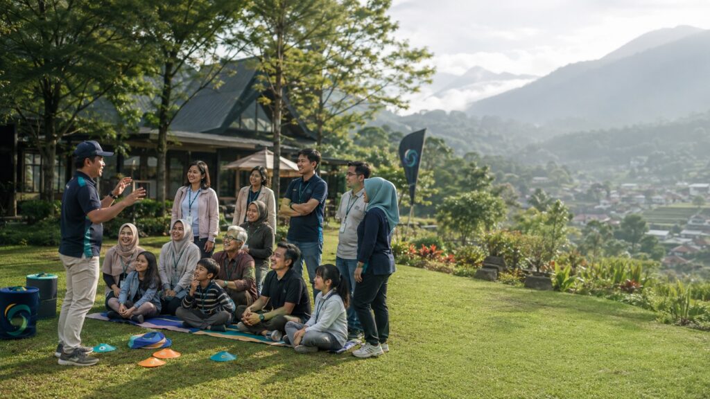 Keluarga karyawan mengikuti family gathering di Puncak Bogor bersama fasilitator Semesta Indonesia dalam suasana outdoor pegunungan.