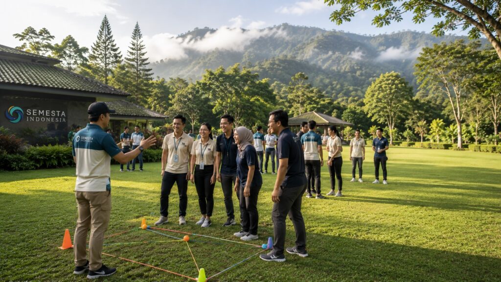 Karyawan perusahaan mengikuti fun games outbound di Puncak Bogor bersama fasilitator Semesta Indonesia di area outdoor pegunungan.